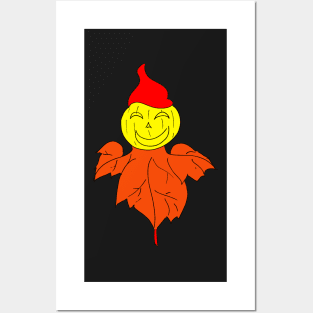 Halloween Scarecrow With Pumpkin Head and Autumn Leave Posters and Art